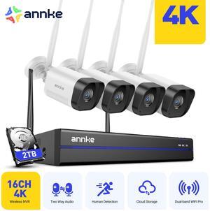 ANNKE 4K Security Camera System, 4pcs Wireless 8MP IP Cameras with 16CH 8MP NVR for Home Security Outdoors, Motion Detection, Two-Way Audio, 100ft Night Vision, Compatible with Alexa, 2TB HDD, IP66