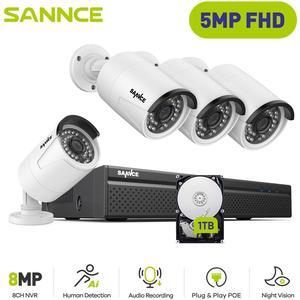 SANNCE 8CH 5MP POE CCTV Home Security Camera System, 8CH POE 4K NVR Recorder and 4X 5MP POE Outdoor IP Bullet Cam Resolution, H.265+, 36 Led Lights, 3.6mm Lents, with Audio Input, 4TB Hard Drive