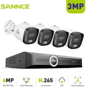 SANNCE 3MP 8CH PoE Security Camera System, H.265+ 6MP NVR, 4X 3MP Wired Bullet Security IP Cams, AI Human/Vehicle Detection, Built-in Mic, 0TB HDD, 100Ft Color Night Vision, IP67 Waterproof