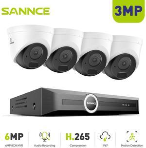 SANNCE 3MP 8CH PoE Security Camera System, H.265+ 6MP NVR, 4X 3MP Wired Conch Security IP Cams, AI Human/Vehicle Detection, Built-in Mic, 0TB HDD, 100Ft Color Night Vision, IP67 Waterproof