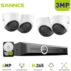 SANNCE 3MP 8CH PoE Security Camera System, H.265+ 6MP NVR, 4X 3MP Wired Conch Security IP Cams, AI Human/Vehicle Detection, Built-in Mic, 2TB HDD, 100Ft Color Night Vision, IP67 Waterproof