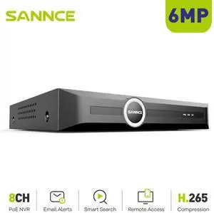 SANNCE PoE  H.265+ NVR 6MP 8 Channel, 6MP CCTV Security Camera System Network Video Recorder Supports 6MP 5MP 3MP 1080P HD PoE Surveillance IP Camera, AI Human/Vehicle Detection, No HDD, Remote Access