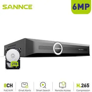 SANNCE PoE  H.265+ NVR 6MP 8 Channel, 6MP CCTV Security Camera System Network Video Recorder Supports 6MP 5MP 3MP 1080P HD PoE Surveillance IP Camera, AI Human/Vehicle Detection, 2TB HDD, Remote Acces