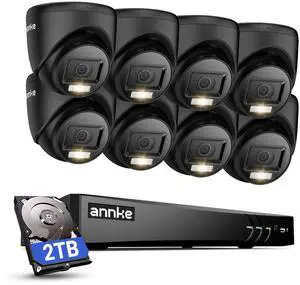 ANNKE 8CH Wired Outdoor Security Camera System with AI Human/Vehicle Detection, 4K H.265+ 5-in-1 DVR and 8x2MP Cameras, Email Alert with Snapshots, 2TB HDD, 66ft Night Vision, Smart Dual Light, Black