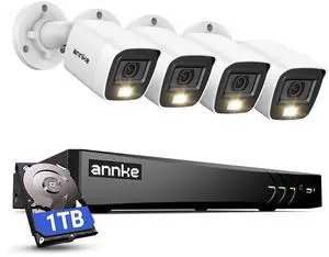 ANNKE 2MP Security Camera System, 8CH 4K DVR Recorder with AI Motion Detection, 4X 1080P (1920×1080) Add-on Wired White Cams with Smart Color Night Vision, IP67, Compatible with Alexa, 1TB HDD