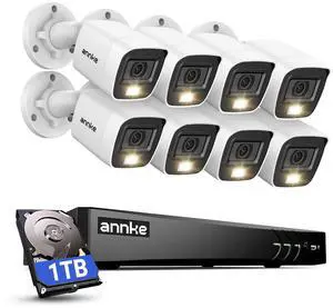 ANNKE 2MP Security Camera System, 8CH 4K DVR Recorder with AI Motion Detection, 8X 1080P (1920×1080) Add-on Wired White Cams with Smart Color Night Vision, IP67, Compatible with Alexa, 1TB Hard Drive