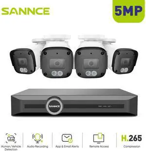 SANNCE 5MP PoE Security System, 8CH Surveillance NVR with 4PCS 5MP HD Weatherproof Bullets Cameras with H.265 Video Compression, Smart IR LED, APP Push Alert, Remote Access (NO HDD)