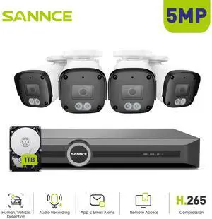 SANNCE 5MP PoE Security System, 8CH Surveillance NVR with 4PCS 5MP HD Weatherproof Bullets Cameras with H.265 Video Compression, Smart IR LED, APP Push Alert, Remote Access (1TB HDD)