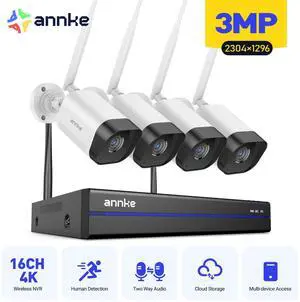 ANNKE Wireless Camera System, 16CH Expandable 4K Security NVR, 4Pcs 3MP Outdoor Cameras, 2-Way Audio, Dual-Band WiFi, Human Detection, IP66 Waterproof, 0TB HDD, Compatible with Alexa, 24/7 Protection