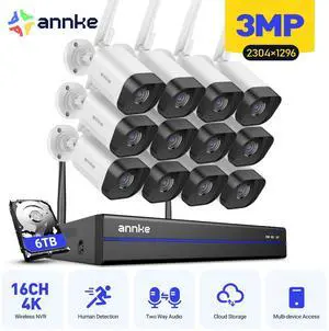 ANNKE Wireless Camera System, 16CH Expandable 4K Security NVR, 12Pcs 3MP Outdoor Cameras, 2-Way Audio, Dual-Band WiFi, Human Detection, IP66 Waterproof, 6TB HDD, Compatible with Alexa, 24/7 Protection