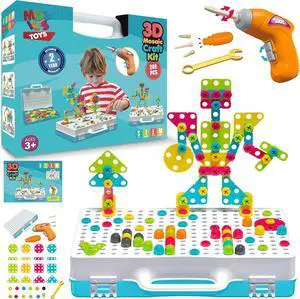 249 PCS STEM Learning Toys  Electric Drill DIY Educational Set, Creative Engineering with Various Shapes and 5 Toy Tools  2&3D Mosaic Construction Kit for Toddlers, Boys and Girl Ages 3 4 5 6 7 8 9