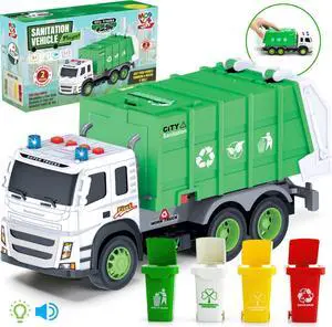 MOBIUS Toys Garbage Truck Friction-Powered  1:12 Scale Large Size Truck w/Sounds, Lights, Loader, 4 Trash Cans for Learning Waste Management Recycling Toy for Toddlers, Boys, Girls 3 4 5 Years Old