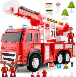 Fire Truck Playset - 1:12 Scale Large Size Toys - Realistic Fire Engine, 3 Firemen, Road Signs, Lights, Sounds - Friction-Powered Fire Truck Toys for 3 Year Old Boys, Girls, Toddlers Age 3 4 5