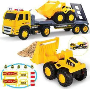 MOBIUS Toys Flatbed Truck with Excavator Tractor Toy - 1:12 Scale, Push and Go Construction Vehicle Playset, Lights & Sounds for Kids, Toddlers, Boys, & Girls Ages 3 4 5 Years Old