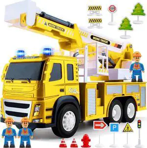 Toy Rescue Fire Truck 1:12 Scale | Big Utility Bucket w/Lights Sounds+ 3 City Construction Workers and More Accessories, Toy Bucket Truck Rescue Utility Truck Toy for Kids Ages 3, 4, 5, 6, 7+