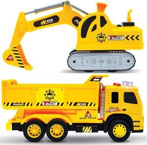 2 Pack Construction Toy Trucks - 1:12 SCALE Dump Truck + Excavator Truck with Lights and Sounds, Push and Go Realistic Big Truck Toy, Construction Vehicle Excavator Toy for Boys ages 3, 4, 5, 6, 7, 8+