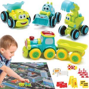 Toys for 3 Year Old Boy - 4 Friction Powered Trucks for 3+ Year Old Boys, Playmat & 16 Accessories, Push & Go Cars Cartoon Construction Vehicle Set - Toddler Boys Toys & Toy Trucks, Toddler Toys