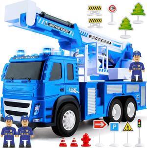 Police Fire Truck Toy - 1:12 Scale Push and Go Realistic Vehicle Playset, 3 Law Enforcement Fire Trucks Action Figure, Extendable Ladder, Accessories w/Lights Sounds for Kids 3 4 5 6 7 8 Year Old
