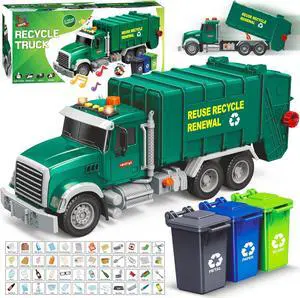 Garbage Truck Toy - Recycling Truck for Boys with 3 Garbage Cans + 48 Flash Cards - Push & Go, Lights & Sounds - Multi-Functional Trash Truck w/ Moving Parts for Boys Ages 3 4 5 6 7 8 Years Old
