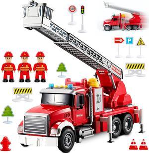 Fire Truck Toy Set for Kids - Fire Engine Truck with Water Spraying Hose, Rotating Ladder + 3 Fireman Firefighters, Road Signs, Lights & Sounds  Toy Fire Truck for Boys Age 4-7, Girls 3 Years Old+
