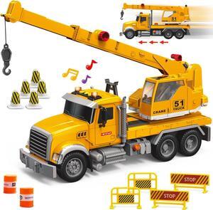 Crane Toy Truck Set - Kids Construction Crane Truck w/Extending Arm, Rotation, Various Props and Buttons + Sounds & Lights - Toy Crane Truck for Boys Age 4-7, Girls, 3 Years Old+