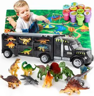 MOBIUS Toys Dinosaur Truck Carrier  Dinosaurs Playset with 12 Toy Action Figure Dinosaurs  World Dino Toy Set with XL Playmat for Toddlers Boys or Girls for 3, 4, 5, 6, 7 Years Old