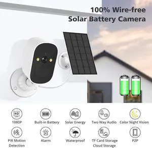 Solar Security Cameras Wireless Outdoor,1080P Rechargeable Battery WiFi Security Camera, PIR Human Detection & Siren, Solar Battery Powered, 2-Way Audio,Color Night Vision, IP66 Waterproof