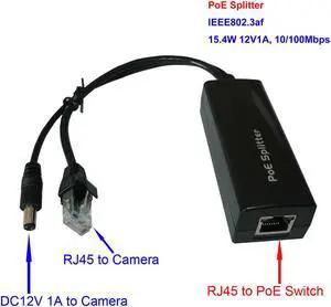 DiySecurityCameraWorld-Active 12V PoE power over ethernet Splitter Adapter, IEEE 802.3af Compliant 10/100Mbps, DC 12V1A output
