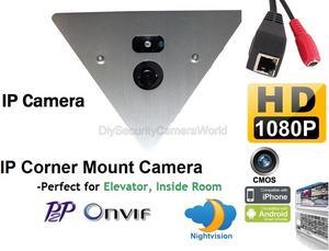 1920 x 1080 HD IP Corner Mount Security Camera 3.6mm Wide Angle Lens, Array LED, Built-in microphone,P2P, ONVIF, Mobile Phone View. Prefect for Elevator, Inside Room