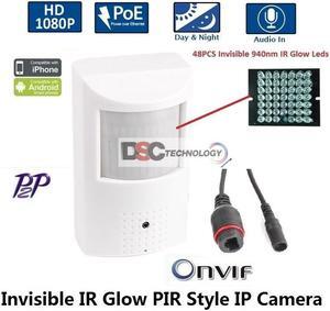 HD 1080P PIR Style Motion Detector Covert Hidden IP/Network Surveillance Spy Camera 3.7mm lens PoE Onvif 48x940nm(Invisible IR Glow) Leds Night-vision Support Mobile View P2P, Audio