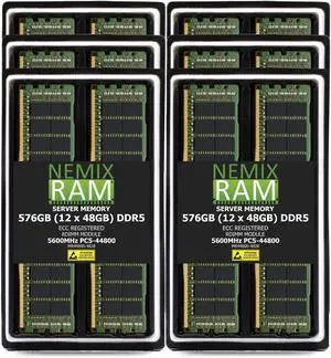 NEMIX RAM 576GB (12 x 48GB) DDR5 5600MHz PC5-44800 2Rx8 1.1V 288-PIN ECC RDIMM Registered Server Memory Kit NEMIX RAM 576GB (12 x 48GB) DDR5 5600MHz PC5-44800 2Rx8 1.1V 288-PIN ECC RDIMM Registered Server Memory Kit