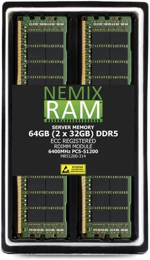 64GB 2X32GB DDR5 6400MHz PC5-51200 1Rx4 1.1V CL52 288-PIN ECC Registered RDIMM NEMIX RAM Server Memory KIT Compatible with ASRock Rack GENOA2D16NQM3-2Q Motherboard - DDR5 6400MHz PC5-51200 64GB 2X32GB DDR5 6400MHz PC5-51200 1Rx4 1.1V CL52 288-PIN ECC Registered RDIMM NEMIX RAM Server Memory KIT Compatible with ASRock Rack GENOA2D16NQM3-2Q Motherboard - DDR5 6400MHz PC5-51200