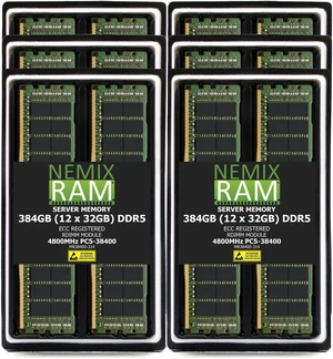 384GB 12X32GB DDR5 4800MHz PC5-38400 1Rx4 1.1V CL40 288-PIN ECC Registered RDIMM NEMIX RAM Server Memory KIT Compatible with ASRock Rack GENOAD12M3-2Q Motherboard - DDR5 4800MHz PC5-38400 384GB 12X32GB DDR5 4800MHz PC5-38400 1Rx4 1.1V CL40 288-PIN ECC Registered RDIMM NEMIX RAM Server Memory KIT Compatible with ASRock Rack GENOAD12M3-2Q Motherboard - DDR5 4800MHz PC5-38400