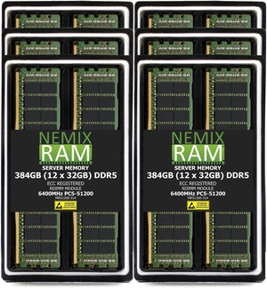 384GB 12X32GB DDR5 6400MHz PC5-51200 1Rx4 1.1V CL52 288-PIN ECC Registered RDIMM NEMIX RAM Server Memory KIT Compatible with ASRock Rack GNRAP2D24G-2L+ Motherboard - DDR5 6400MHz PC5-51200 384GB 12X32GB DDR5 6400MHz PC5-51200 1Rx4 1.1V CL52 288-PIN ECC Registered RDIMM NEMIX RAM Server Memory KIT Compatible with ASRock Rack GNRAP2D24G-2L+ Motherboard - DDR5 6400MHz PC5-51200