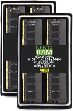 64GB 4X16GB DDR4 2933MHz PC4-23400 1Rx8 1.2V CL21 288-PIN Non-ECC Unbuffered UDIMM NEMIX RAM Desktop PC Memory KIT Compatible with Supermicro X12SCZ-F / X12SCZ-TLN4F Motherboards 64GB 4X16GB DDR4 2933MHz PC4-23400 1Rx8 1.2V CL21 288-PIN Non-ECC Unbuffered UDIMM NEMIX RAM Desktop PC Memory KIT Compatible with Supermicro X12SCZ-F / X12SCZ-TLN4F Motherboards
