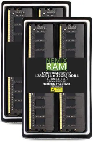 128GB 4X32GB DDR4 3200MHz PC4-25600 2Rx8 1.2V CL22 288-PIN ECC Unbuffered UDIMM NEMIX RAM Memory KIT Compatible with Supermicro X12STE-F / X12STD-F Motherboards - DDR4 3200MHz PC4-25600 ECC 128GB 4X32GB DDR4 3200MHz PC4-25600 2Rx8 1.2V CL22 288-PIN ECC Unbuffered UDIMM NEMIX RAM Memory KIT Compatible with Supermicro X12STE-F / X12STD-F Motherboards - DDR4 3200MHz PC4-25600 ECC