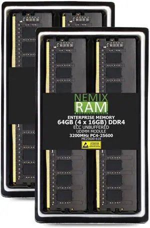 64GB 4X16GB DDR4 3200MHz PC4-25600 1Rx8 1.2V CL22 288-PIN ECC Unbuffered UDIMM NEMIX RAM Memory KIT Compatible with Supermicro X12STE-F / X12STD-F Motherboards - DDR4 3200MHz PC4-25600 ECC 64GB 4X16GB DDR4 3200MHz PC4-25600 1Rx8 1.2V CL22 288-PIN ECC Unbuffered UDIMM NEMIX RAM Memory KIT Compatible with Supermicro X12STE-F / X12STD-F Motherboards - DDR4 3200MHz PC4-25600 ECC