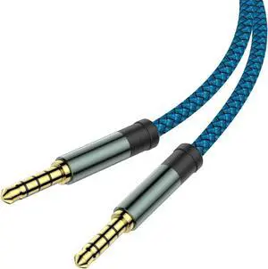 2 Pack TRRS 3.5mm Audio Cable 5Ft 4-Conductor (4 Pole) with Mic[Microphone Compatible] Nylon Braided Aux Cord Compatible Car Home Stereos Speaker Headphones Sony(Blue)