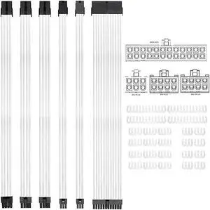 KOTTO Braided ATX Sleeved Cable Extension Kit for Power Supply Cable Kit, PSU Connectors, 24 Pin, 8 Pin, 6 Pin 4 + 4 Pin, 6 Pack, with Cable Comb 24 Pieces Set 24-Pin, 8-Pin, 6-Pin (White)