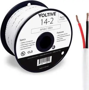 Voltive 14/2 Speaker Wire - 14 AWG/Gauge 2 Conductor - UL Listed in Wall (CL2/CL3) and Outdoor/In Ground (Direct Burial) Rated - Oxygen-Free Copper (OFC) - 100 Foot Spool - White