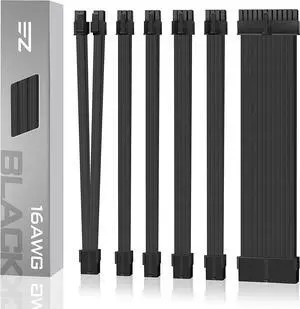 PSU Cable Extension kit Sleeved Cable Custom Power Supply Sleeved Extension 16 AWG 24-PIN 8-PIN 6-PIN 4+4-PIN with Combs- Black