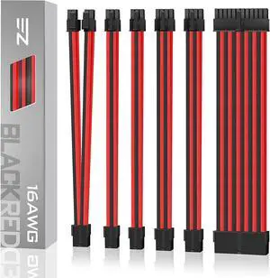 PSU Cable Extension kit Sleeved Cable Custom Power Supply Sleeved Extension 16 AWG 24-PIN 8-PIN 6-PIN 4+4-PIN with Combs- Black/Red