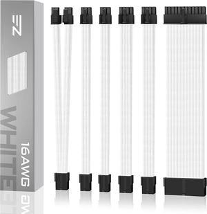 EZDIY-FAB PSU Cable Extension kit Sleeved Cable Custom Power Supply Sleeved Extension 16 AWG 24-PIN 8-PIN 6-PIN 4+4-PIN with Combs- White