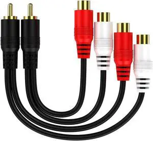 RCA 1 Male to 2 Female Audio Speaker Y Adapter Splitter Cable with OFC Conductor Dual Shielding Gold Plated Metal Shell Flexible PVC Jacket - 2 Pack / 0.6FT