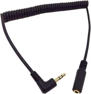 3Ft Gold Plated 3.5MM Male to Female AUX Audio Stereo Input 90 Degree Spring Coiled Spiral Extension Cable Black (TRS 3.5M/F)