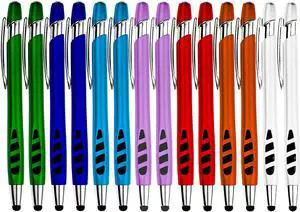 Stylus Pen for Touch Screens & Writing Pens with Sensitive Stylus Tip - 2 in 1 for Your iPad iPhone Kindle Nook  Galaxy Tablets & Phones - Assorted Barrel Colors Black Ink 14 Pack