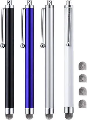 Stylus 4 Pcs 5.0 Inch Mesh Fiber Tip Stylus Pens for Touch Screen Compatible with iPad iPhone Kindle Fire 4 Extra Replaceable Hybrid Fiber Tips (White Black Silver Blue)