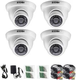 ZOSI 4 Pack 1/3" 3.6mm 1000TVL 960H Colorful Night Vision Dome CCTV Home Security Camera With IR Cut Filter 24PCS Infrared IR Lens IP66 Waterproof Level Surveillance System W/CCTV Cable