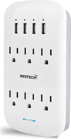 oviitech 6 Outlet Extender with 4 USB Charging Ports(4.2A Total),Wall Mount Outlet Plugs 900 Joules Wall Surge Protector and Top Phone Holder,ETL Listed,White.