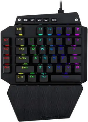 One Handed Mechanical Gaming Keyboard, RGB Led Backlit, 6 Onboard Macro Keys, Detachable Wrist Rest, Red Switch and Detachable Type C Cable, Metal Panel, All Keys No Conflict